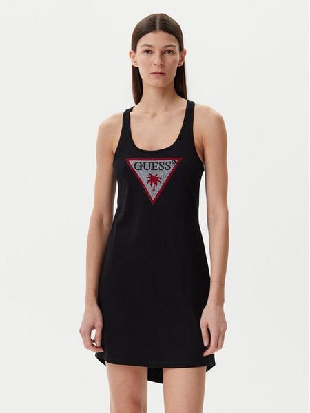 Guess Sukienka letnia E5GP01 I3Z14 Czarny Regular Fit. Czarne sukienki damskie Guess, na lato, m, z aplikacjami, z bawełny, bez kołnierzyka, bez ramiączek. Za 129.99 zł.