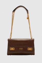 GUESS Brązowa torebka Katey Croc. Brązowe torebki klasyczne damskie Guess, z aplikacjami, ze skóry ekologicznej, bez dodatków. W wyprzedaży za 499.99 zł.