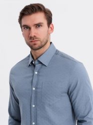 Męska koszula SLIM FIT z ozdobnej tkaniny z kieszonką – niebieska V1 OM-SHCS-0174 - XXL. Niebieskie koszule męskie Ombre Clothing, l, bez wzorów, z bawełny, bez kołnierzyka, bez ramiączek. W wyprzedaży za 119.99 zł.