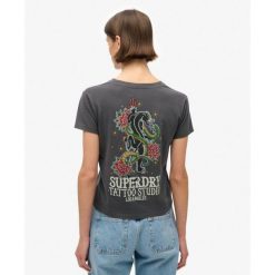 Koszulka z kryształkami do tatuażu. Brązowe bluzki sportowe damskie Superdry., bez wzorów, bez ramiączek. W wyprzedaży za 170.90 zł.