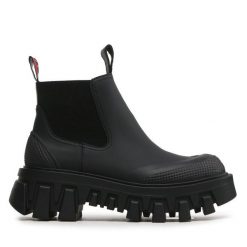 Sztyblety Tommy Jeans. Czarne botki damskie Tommy Jeans, z jeansu, bez obcasa, na płaskiej podeszwie, bez zapięcia. Za 569.99 zł.