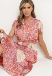 Różowo-Beżowa Rozkloszowana Sukienka ze Ściągaczem w Talii w Stylu Boho Dimirra. Czerwone sukienki damskie Born2be, na co dzień, s, bez wzorów, boho, bez kołnierzyka, bez ramiączek, maxi, proste. W wyprzedaży za 79.99 zł.