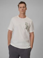 4F T-shirt regular z nadrukiem męski - beżowy S. Brązowe t-shirty męskie 4f, m, bez wzorów, z bawełny, bez kołnierzyka. Za 49.99 zł.