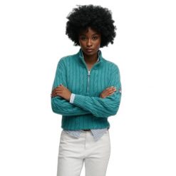 Damski pół-zamek sweter z warkoczowym splotem Superdry. Niebieskie swetry klasyczne damskie Superdry., na zimę, ze splotem, bez kołnierzyka. Za 343.25 zł.