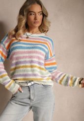 Niebieski Sweter z Dodatkiem Wełny w Kolorowe Paski Aslefa. Niebieskie swetry klasyczne damskie Renee, m, z jeansu, bez kołnierzyka. Za 109.99 zł.