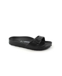 Klapki damskie Birkenstock Eva Madrid Black Eva. Czarne klapki damskie Birkenstock, bez wzorów, z materiału, bez obcasa. Za 249.99 zł.