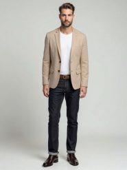 Elegancka męska marynarka SLIM FIT z rayonem – beżowa V2 - Rozmiar: S. Brązowe marynarki męskie Ombre Clothing, bez wzorów, z materiału. W wyprzedaży za 449.99 zł.