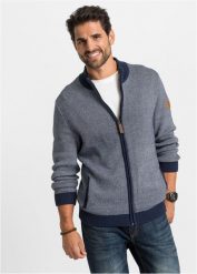 Sweter rozpinany ze stójką. Niebieskie kardigany męskie bonprix, l, bez wzorów, bez kołnierzyka. Za 169.99 zł.