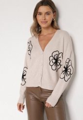 Beżowy Kardigan na Guziki w Haftowane Kwiaty Tustara. Brązowe kardigany damskie Born2be, l, bez wzorów, z jeansu. Za 79.99 zł.