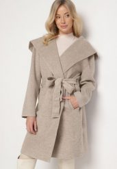 Beżowy Płaszcz z Wiskozą Ozdobiony Paskiem i Kapturem Ninnetiria. Brązowe płaszcze damskie Born2be, l, bez wzorów, z jeansu, eleganckie. Za 259.99 zł.