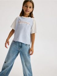 T-shirt z nadrukiem - jasnoniebieski. Niebieskie koszulki dziewczęce Reserved, m, bez wzorów, z bawełny, bez ramiączek. W wyprzedaży za 9.99 zł.