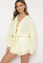 Żółty Wiązany Bawełniany Kombinezon Boho z Falbankami i Wiązaniem Lalelia. Żółte kombinezony damskie Born2be, na lato, uniwersalny, bez wzorów, z bawełny, boho, bez kołnierzyka, bez ramiączek. Za 149.99 zł.