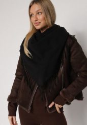 Czarny Gładki Szalik z Frędzlami Vetiela. Czarne szaliki i kominy damskie Born2be, na zimę, bez wzorów, z jeansu. Za 34.99 zł.