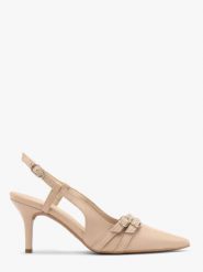 Czółenka slingback z dekoracyjnymi paskami. Brązowe czółenka damskie Ryłko, bez wzorów, z gumy, bez obcasa, na szpilce. Za 429.99 zł.