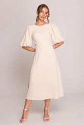 Elegancka sukienka koktajlowa z bufiastymi rękawami kremowa. Białe sukienki damskie Stylove, na imprezę, m, bez wzorów, z elastanu, eleganckie, bez kołnierzyka, bez ramiączek, midi, dopasowane. Za 489.00 zł.