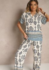 Niebieski Komplet z Wiskozy Luźne Spodnie i Bluzka w Print Boho Ralkio. Niebieskie spodnie materiałowe damskie Renee, bez wzorów, z materiału, boho. Za 89.99 zł.