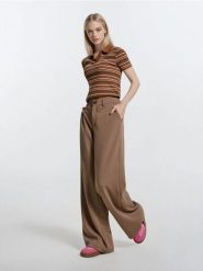 Spodnie wide leg - brązowy. Brązowe spodnie materiałowe damskie Sinsay, bez wzorów. Za 49.99 zł.