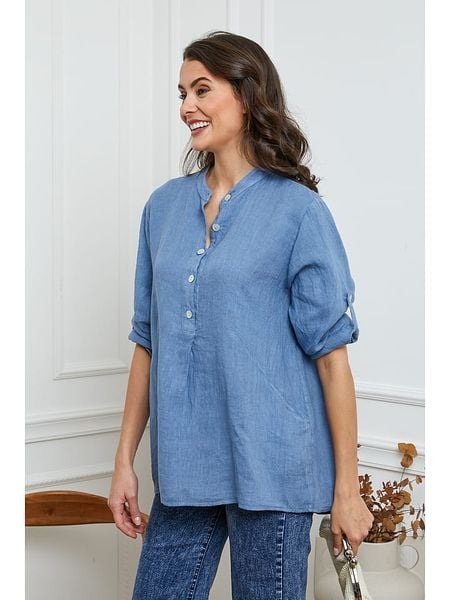 La Compagnie Du Lin Lniana bluzka "Jimenez" w kolorze niebieskim rozmiar: XXL. Niebieskie bluzki damskie La Compagnie Du Lin, xxl, bez wzorów, ze lnu, bez kołnierzyka, bez ramiączek. Za 104.64 zł.