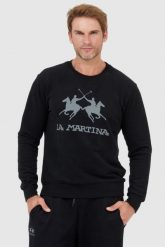 LA MARTINA Czarna bluza męska z szarym logo. Czarne bluzy bez kaptura męskie La Martina, l. W wyprzedaży za 309.99 zł.