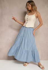 Niebieska Jeansowa Spódnica z Bawełny o Rozkloszowanym Kroju z Paskiem i Guziczkami Nattenira. Niebieskie spódniczki damskie Renee, m, bez wzorów, z bawełny, eleganckie, maxi, koszulowe. Za 129.99 zł.