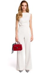 Elegancki Kombinezon z Szerokimi Nogawkami - Ecru. Czarne kombinezony damskie MOE, l, bez wzorów, z elastanu, eleganckie, bez kołnierzyka, bez ramiączek. Za 263.90 zł.