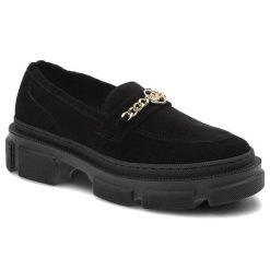 Półbuty damskie Karino, zamszowa cholewkaozdobny łańcuch metalowy miękka wkładka, czarny welur, 4370-003-P. Czarne półbuty damskie Karino, bez wzorów, z weluru, bez obcasa, na płaskiej podeszwie. Za 339.00 zł.