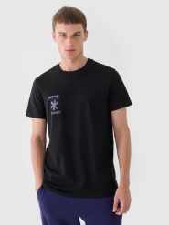 4F T-shirt regular z nadrukiem męski - czarny S. Czarne t-shirty męskie 4f, m, bez wzorów, z bawełny, bez kołnierzyka. W wyprzedaży za 29.99 zł.
