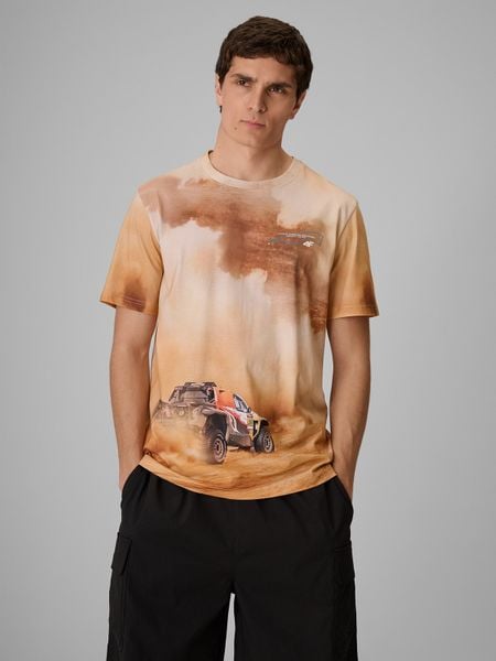 4F T-shirt regular z nadrukiem męski - beżowy L. Brązowe t-shirty męskie 4f, l, bez wzorów, z materiału, bez kołnierzyka. Za 99.99 zł.