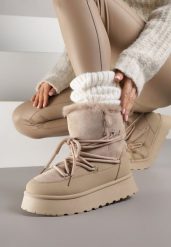 Ciemnobeżowe Śniegowce na Platformie Ozdobione Futerkiem Anwedea. Brązowe śniegowce damskie Renee, z jeansu. Za 99.99 zł.