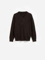 Sweter z bawełny - ciemnobrązowy. Brązowe swetry męskie Reserved, l, bez wzorów, z bawełny, bez kołnierzyka. Za 139.99 zł.
