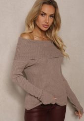 Beżowy Sweter z Wiskozą z Prążkowanego Materiału Ozdobiony Wywiniętym Dekoltem Hedisha. Brązowe swetry klasyczne damskie Renee, z jeansu, bez kołnierzyka. Za 99.99 zł.