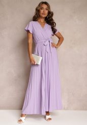 Fioletowa Koktajlowa Maxi Sukienka Ozdobiona Plisami z Trójkątnym Dekoltem i Wiązaniem w Talii Phoelia. Fioletowe sukienki damskie Renee, na imprezę, s, bez wzorów, eleganckie, bez kołnierzyka, bez ramiączek, maxi. W wyprzedaży za 62.99 zł.