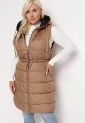 Beżowa Dwustronna Kamizelka Pikowana z Kapturem Makaneta. Brązowe kamizelki damskie Born2be, xl. Za 249.99 zł.