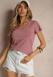 Ciemnoróżowy Bawełniany T-shirt z Trójkątnym Dekoltem Linalitia. Czerwone t-shirty damskie Renee, l, bez wzorów, z bawełny, bez kołnierzyka. Za 44.99 zł.