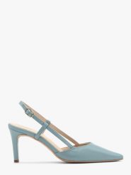 Niebieskie czółenka typu slingback OFELIA. Niebieskie czółenka damskie Ryłko, bez wzorów, ze skóry, bez obcasa, na szpilce. W wyprzedaży za 269.99 zł.