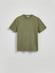 Strukturalny t-shirt comfort fit - ciemnozielony. Zielone t-shirty męskie Reserved, l, bez wzorów, z dzianiny, bez kołnierzyka. W wyprzedaży za 45.99 zł.
