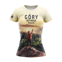 Koszulka do biegania damska GÓRY WZYWAJĄ krótki rękaw. T-shirty damskie JUST HERO, bez wzorów, bez kołnierzyka. Za 99.00 zł.