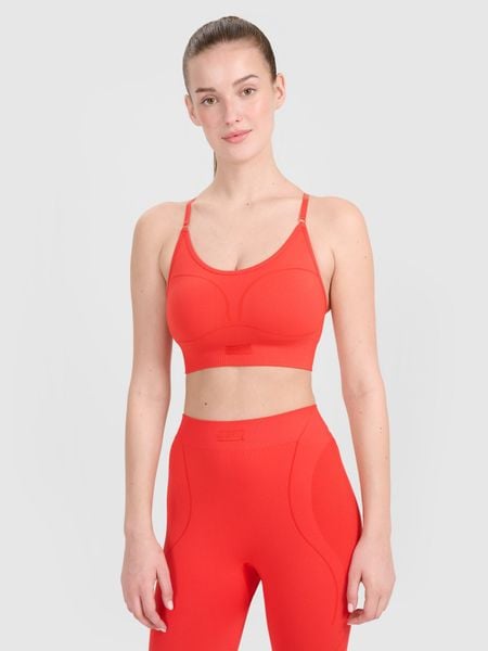 4F Biustonosz treningowy z niskim wsparciem - czerwony M/L. Czerwone biustonosze sportowe damskie 4f, bez wzorów, z dzianiny. W wyprzedaży za 69.99 zł.