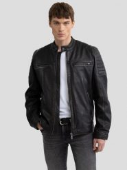 Kurtka męska biker skórzana czarna Hideo 906. Czarne kurtki męskie Big Star, l, bez wzorów, z bawełny, klasyczne, bez kaptura. Za 899.99 zł.