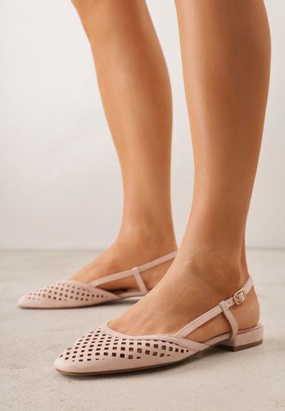 Różowe Baleriny Slingback z Kwadratowym Noskiem i Ażurową Cholewką Jurria. Czerwone baleriny damskie Renee, w ażurowe wzory, z jeansu, bez obcasa. Za 89.99 zł.