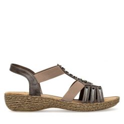 Sandały Rieker. Brązowe sandały damskie Rieker, bez wzorów, bez obcasa, na płaskiej podeszwie. Za 289.99 zł.