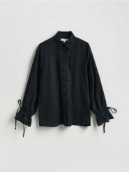 Lniana koszula z wiązaniami - czarny. Czarne koszule damskie Reserved, l, bez wzorów, z tkaniny, bez kołnierzyka, bez ramiączek. Za 199.99 zł.