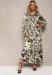 Beżowo-Zielona Długa Sukienka z Satyny z Gumką w Pasie i Ornamentalnym Printem Anoitia. Zielone sukienki damskie Renee, na co dzień, l, bez wzorów, z jeansu, boho, bez kołnierzyka, bez ramiączek, maxi, proste. W wyprzedaży za 118.99 zł.