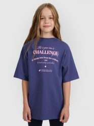 4F T-shirt oversize z nadrukiem dziewczęcy - granatowy 164 (13-14 lat). Niebieskie koszulki dziewczęce 4f, bez wzorów, z bawełny, bez ramiączek. W wyprzedaży za 39.99 zł.