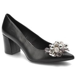 Czarne Czółenka Kaniowski Eleganckie Skórzane Buty. Czarne czółenka damskie Kaniowski, z aplikacjami, ze skóry, bez obcasa, na obcasie. Za 289.00 zł.