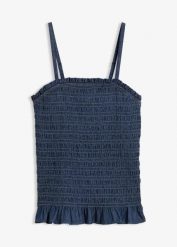 Jeansowy top na cienkich ramiączkach z bawełny organicznej. Niebieskie topy damskie bonprix, bez wzorów, z bawełny, bez kołnierzyka. Za 54.99 zł.
