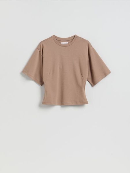 Bawełniany t-shirt - beżowy. Brązowe t-shirty damskie Reserved, l, bez wzorów, z bawełny, bez kołnierzyka. Za 59.99 zł.