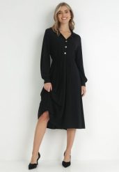 Czarna Rozkloszowana Sukienka z Koszulową Górą Rade. Czarne sukienki damskie Born2be, m, z aplikacjami, z tkaniny, eleganckie, bez kołnierzyka, bez ramiączek, midi, koszulowe. W wyprzedaży za 103.99 zł.