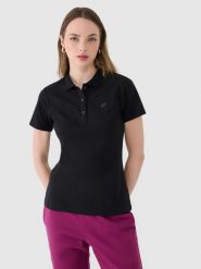 4F Koszulka polo slim damska - czarna S. Czarne bluzki damskie 4f, s, bez wzorów, z bawełny, klasyczne, bez kołnierzyka, bez ramiączek. Za 89.99 zł.