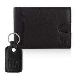 Portfel męski skórzany czarny T-46-BL i brelok do kluczy T-86-BL zestaw prezentowy ZUP-135-BL. Czarne portfele męskie Paolo Peruzzi, bez wzorów, ze skóry. Za 75.99 zł.